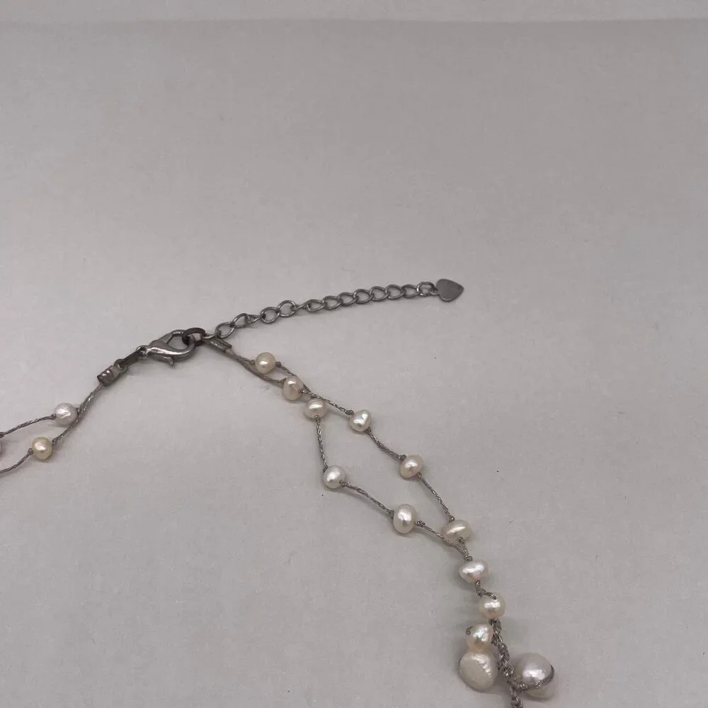 Mother of Pearl Bead Stretch Choker Necklace Silver Tone Shell Sea Beach Oyster - Picture 4 of 5